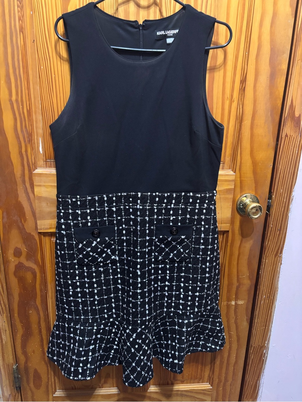 Karl Lagerfeld Black Sleeveless Tweed-Trim Midi Dress